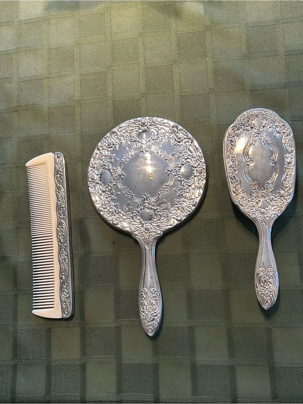 Vintage Ornate Silver-Plated Vanity Set - Mirror, Brush & Comb